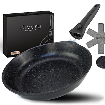Abbildung von DIVORY Pfanne 24cm I Abnehmbarer Griff, Induktion, beschichtet, Aluminium Bratpfanne mittel + Pfannenschoner Induktionspfanne