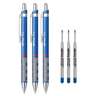 Abbildung von rOtring Tikky Leichter Kugelschreiber mit gummiertem Griff, blauer Schaft, 3 Stück, Jumbo Kugelschreiberminen, blaue Tinte
