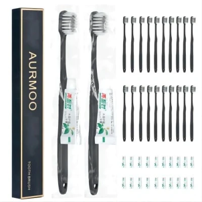 Abbildung von AURMOO Handzahnbürste, Einweg Zahnbürsten, 20 Set Zahnbürste mit Zahnpasta set, Zahnbürste, Einmal Flacher Zahnbürsten Griff(Schwarz)