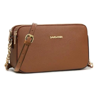 Abbildung von David Jones Damen Kleine Umhängetasche Frau Handytasche PU Leder Ketten Handtasche Tasche mit 3 Fächern Elegante Schultertasche Crossbody Bag Shopping Abend Party Trend Braun Cognac