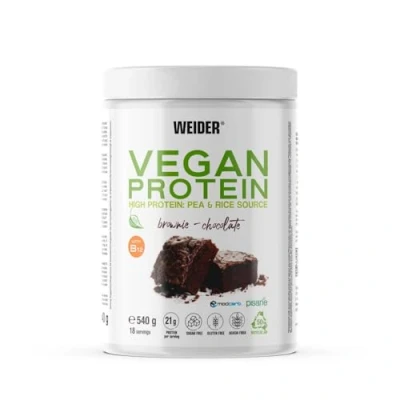 Abbildung von Weider Vegan Protein (540g) Brownie Geschmack. 21g Protein/Dosis, Erbsenisolat (Pisane) &amp; Reisproteine. Mit Vitamin B12 und Stevia. Glutenfrei, zuckerfrei. (18 Portionen)