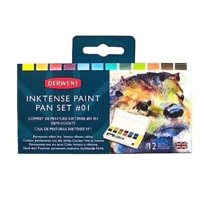 Abbildung von Derwent Inktense 12 Farbtöpfchen #1, 12er Set, halbe Töpfchengröße, wasserlöslich, ideal zum Malen und Basteln auf Papier Stoff, professionelle Qualität, Reisegröße (2302636)