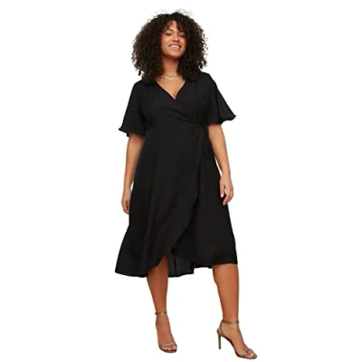 Abbildung von Trendyol Curve Damen Woman Plus Size Midi Wrapover Double Breasted Woven Dress, Schwarz, 44 Große Größen EU