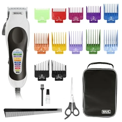 Abbildung von WAHL Color Pro Haarschneider für Männer mit Kabel, clipper, Zubehör im Handgepäck. 10 bunte Führungskämme. Ideal die ganze Familie. Kit Schere und Kamm.