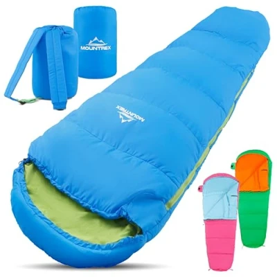 Abbildung von MOUNTREX Kinderschlafsack Tragbar wie EIN Rucksack Schlafsack für Kinder (175 x 70 45 cm) Outdoor, Reise, Zelten, Camping Mumienschlafsack Leicht &amp; Kompakt 100% Baumwolle Innenfutter