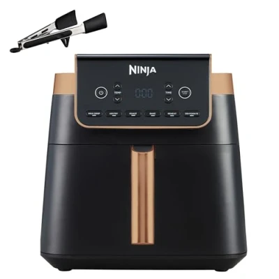 Abbildung von Ninja Heißluftfritteuse MAX PRO, 6,2 L, ölfrei, große Schublade, Rösten, Backen, Air Fry, Antihaftbeschichtet, Spülmaschinenfester Korb &amp; Crisper Gittereinsatz, Silikonzange, Schwarz/Kupfer, AF180EUCP