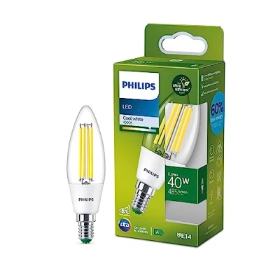 Abbildung von Philips LED Classic ultraeffiziente E14 Lampe, mit Energieeffizienzklasse A, in Kerzen Form, ersetzt 40W, klar, kaltweiß