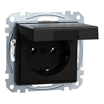 Abbildung von Schneider Electric Merten MEG2311 0403 SCHUKO Steckdose mit Klappdeckel, Steckklemmen, Schwarz Matt, System M, Schutzkontaktsteckdose