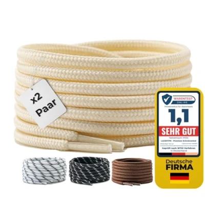 Abbildung von LaceHype 2 Paar Premium Runde Schnürsenkel [ Ø4,5 mm ] Polyester für Arbeitsschuhe, Stiefel, Outdoorschuhe und Sportschuhe reißfeste Schuhbänder (Beige, 150cm)