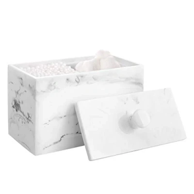 Abbildung von Luxspire Harz Wattepadspender, 2 Fächern Wattestäbchen Behälter Rechteck Wattepads Aufbewahrung Schminktisch Organizer mit Deckel Baumwollbehälter für Kosmetik Wattestäbchen, Tinte weiß