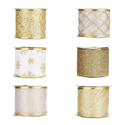 Abbildung von BELLE VOUS Dekoband Weihnachten (6 STK) 5,5m x 63mm Geschenkband Chiffon Gold Breit mit Draht Verschiedene Motive Schleifenband Satinband Organza Band Bänder Geschenke, Weihnachtsdeko, Basteln