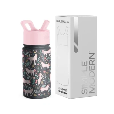 Abbildung von SIMPLE MODERN Trinkflasche für Kinder mit Trinkhalm Isolierter wiederverwendbarer Edelstahlbecher Jungen und Mädchen Kleinkind Summit Sammlung 415ml Unicorn Fields