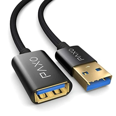 Abbildung von PAXO USB Verlängerung 1m, 10 Gbit/s (1,25 GByte/s), 3.2 Gen2 (3.0, 3.1), Verlängerungskabel, A Stecker auf Buchse, schwarz, Stoffmantel