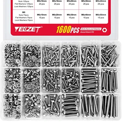 Abbildung von YEEZET 1600 Stück M4 M5 M6 Schrauben und Muttern aus 304 Edelstahl Sechskantschrauben Unterlegscheiben Federringe &amp; Sortiment Kit