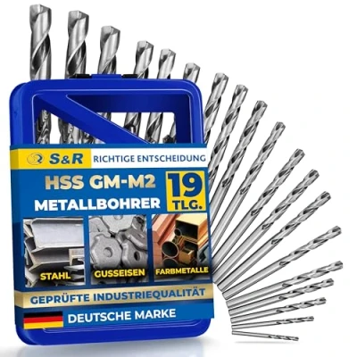 Abbildung von S&amp;R Bohrer Metall HSS Stahl geschliffen Eisen 1 10 mm 118 Set 19 teilig GM Serie DIN 338 Metallbox Industriequalität