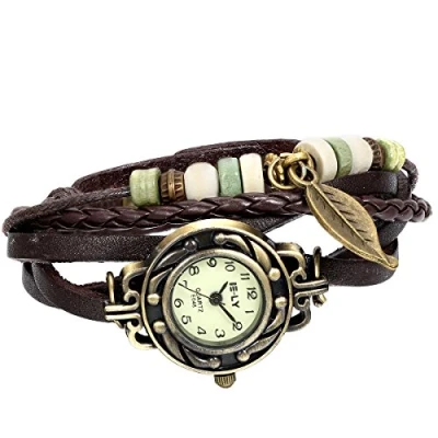 Abbildung von JewelryWe Damen Armbanduhr, Retro geflochten Leder Armband Armreif Armkette Uhr mit Baum Blatt Anhänger, Braun Bronze