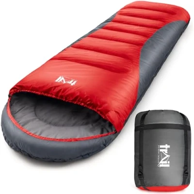 Abbildung von Trail Alpine Schlafsack Mit Kapuze Wahlweise 250 g oder 400 als 3 Jahreszeiten und 4 Leicht, Kleines Packmaß Kompressionssack (Rot)
