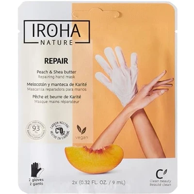 Abbildung von Iroha Nature Reparierende handmaske handschuhe Pfirsich und Sheabutter Hydratation Reparatur für beschädigte rissige Hände Vegan 93% natürliche Inhaltsstoffe Sachet 20ml 2 Stk.