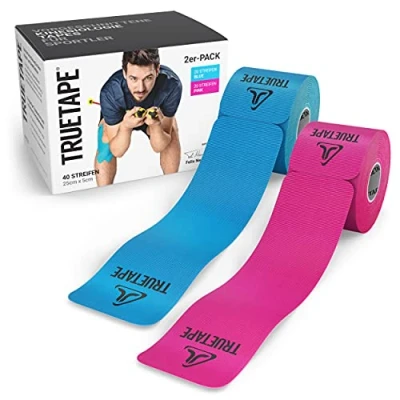 Abbildung von TRUETAPE Kinesiotapes vorgeschnitten 40 Streifen Kinesiologie Tape (25cm x 5cm) wasserfestes &amp; elastisches Kinesiotape besonders hohe Elastizität I hautfreundliche Sport Tapes Blau Pink