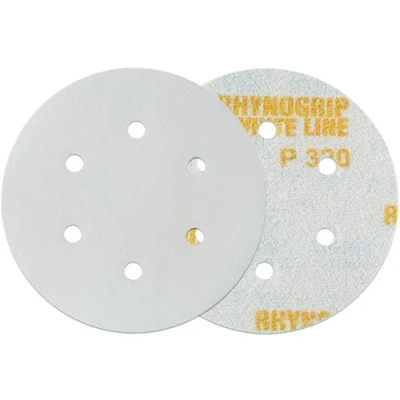 Abbildung von INDASA RHYNOGRIP White LINE 150mm Schleifscheiben Klettscheiben mit 6 Löchern 6H / 50 Stück Exzenter Scheiben