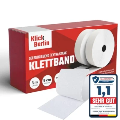 Abbildung von Klick Berlin Klettband Selbstklebend Extra Stark 5 cm x 3 m Klett Klebeband klebt auf vielen Flächen Klettverschluss 50mm breit, Meter lang Weiß