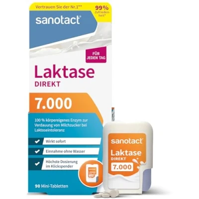 Abbildung von sanotact Laktase 7.000 DIREKT (90 Mini Laktasetabletten) Laktose Tabletten für jeden Tag Bei Laktoseintoleranz, &amp; Milchunverträglichkeit Schnelle Einnahme ohne Wasser