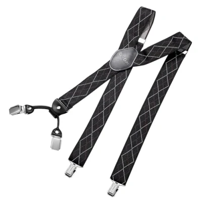 Abbildung von DonDon Hosenträger Herren breit 3,5 cm mit 4 Clips extra stark in Y Form elastisch und längenverstellbar, Kariert Schwarz