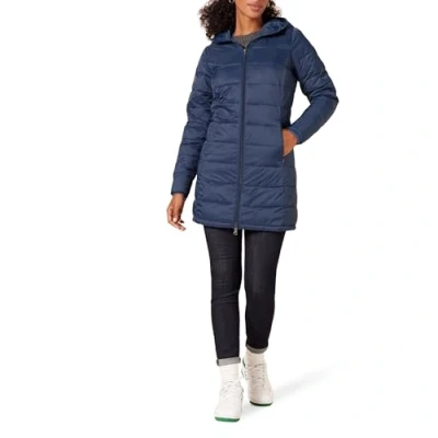 Abbildung von Amazon Essentials Damen Leichter, wasserabweisender Puffermantel mit Kapuze (erhältlich in Übergröße), Marineblau, XS