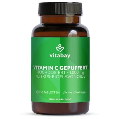 Abbildung von Vitabay Vitamin C hochdosiert 1000mg + Bioflavonoide VEGAN 250 Ascorbinsäure Tabletten natürliches gepuffert Hochdosiertes gepuffertes Vit Kapseln C+ natürlich