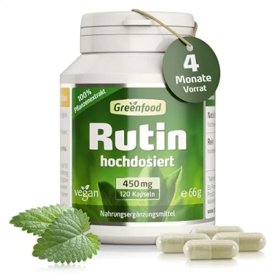 Abbildung von Rutin Kapseln hochdosiert mit 450mg pro Tag (120 vegane Kapseln) Essentiell für die Entwässerung und Gefäßgesundheit natürlich ohne Zusätze, Gentechnik, laborgeprüft Greenfood