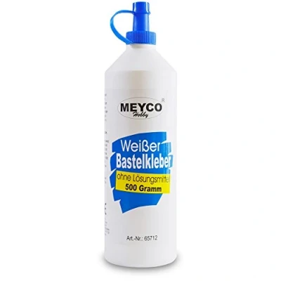 Abbildung von Meyco weißer Bastelkleber 500 g trocknet transparent ohne Lösungsmittel für Textil, Holz, Filz, Papier Universalkleber mit Dosierspitze