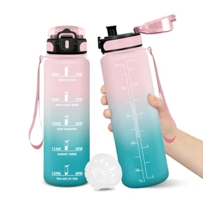 Abbildung von Trinkflasche, 500ML BPA Frei, Wasserflasche, Auslaufsicheres Schlossdesign, Trinkflaschen, Mit Zeitstempel, Trinkflasche Kinder Auslaufsicher für Schule, Yoga, Camping Wasserflasche RosaCyan