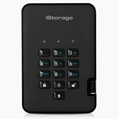 Abbildung von iStorage diskAshur2 HDD 2TB Schwarz Sichere tragbare Festplatte Passwortgeschützt Staub und wasserdicht Hardware Verschlüsselung