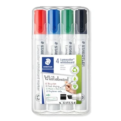 Abbildung von STAEDTLER Whiteboard Marker Lumocolor, trocken und rückstandsfrei abwischbar, Keilspitze ca. 2 oder 5 mm, hohe Qualität Made in Germany, Set mit 4 Farben, 351 B WP4