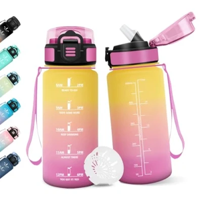 Abbildung von Motswedi Trinkflasche mit Strohhalm, 500ml BPA Frei, Auslaufsicher, Wasserflasche, Kohlensäure Geeignet, Trinkflaschen, für Yoga, Schule, Outdoors, Gelb Rosa