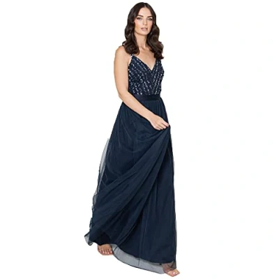 Abbildung von Maya Deluxe Damen Maxi Abendkleid Elegant für Hochzeit mit V ausschnitt Tüllkleid Schleife Brautjungfernkleid, Navy, 48 EU