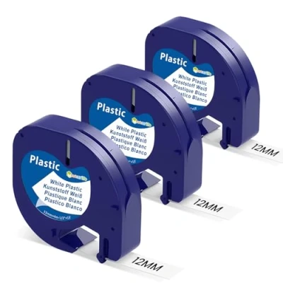 Abbildung von Markurlife Kompatibel mitDymo Letratag Etikettenband Plastic White 12mm x 4m für Dymo LT 100H 100T XR QX 50 200B Kunststoff Schriftband 91221/S0721660 Schwarz auf Weiß