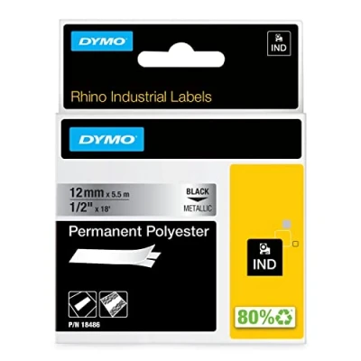 Abbildung von DYMO Rhino Industrie Permanente Polyesteretiketten 12 mm x 5,5 m Schwarz auf Metallic selbstklebendes Schriftband für und LabelManager Beschriftungsgerät