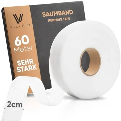 Abbildung von Villkin Saumband 60m Länge und 20mm Breite Bügelband zum Aufbügeln auf Textilien wie Hosen Gardinen Vorhänge Hochwertiges Saumfließ (Weiß, x 60m)