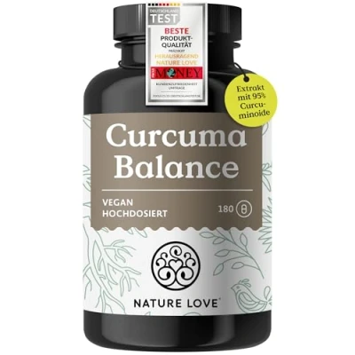 Abbildung von NATURE LOVE® Curcuma Balance 180 Kapseln hochdosiert 1500mg, davon 199mg Curcumin schwarzem Pfefferextrakt 10mg mit 90% Piperin/Tagesdosis vegan, laborgeprüft und in Deutschland produziert