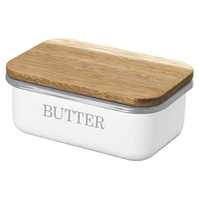 Abbildung von Navaris Eisen Butterdose mit Akaziendeckel Silikon Dichtungsring 15,5x10,5x6cm für Butter und andere Lebensmittel Butterschale weiß