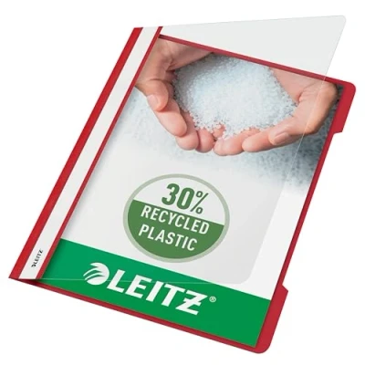 Abbildung von Leitz A4 Standard Schnellhefter, 25er Pack, 30% Pre Consumer Recycling Kunststoff, Hefter für Blätter, 60 Blatt Kapazität, Ideal als Dokumententasche Schule, Haushalt oder Büro, Rot, 41910025