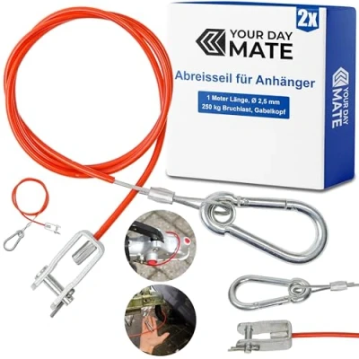 Abbildung von Abreisseil für Anhänger, 2 Sets, 1 Meter x Ø 2,5 mm Stahlseil mit Gabelkopf und Splintbolzen, 250 kg Bruchlast, in Rot, alle Arten von gebremsten Anhängern Wohnwagen, ummanteltes Fangseil AHK