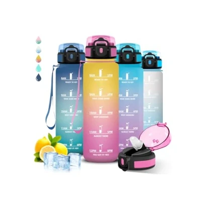 Abbildung von Trinkflasche 1l, Sport, mit Strohhalm, Leicht zu Reinigen, Auslaufsicher, Kann dir Tragen, Motivation, Wasserflasche für Wandern, Fitness, Yoga
