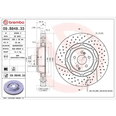 Abbildung von BREMBO 09.B848.33 Bremsscheibe 390 36 5 innenbelüftet, geschlitzt/gelocht, Verbundbremsscheibe beschichtet hochgekohlt MERCEDES BENZ: C Class Saloon