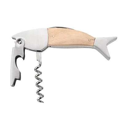 Abbildung von kwmobile Weinöffner im Fisch Design Holz &amp; Edelstahl Kellnermesser Flaschenöffner mit Korkenzieher Sommeliermesser in Fischform Silber