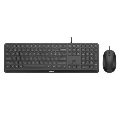 Abbildung von Philips SPT6207BL Tastatur und Maus Set mit Kabel USB 2.0, ergonomisches Design 1200 DPI Sensor, geräuschloses Klicken, für Links Rechtshänder, kompatibel PC, Mac, Schwarz, IT Layout