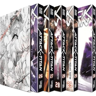 Abbildung von Attack on Titan, Bände 26 30 im Sammelschuber mit Extra: Fantasy Action Manga ab 16 Jahren über den Kampf gegen menschenfressende Titanen