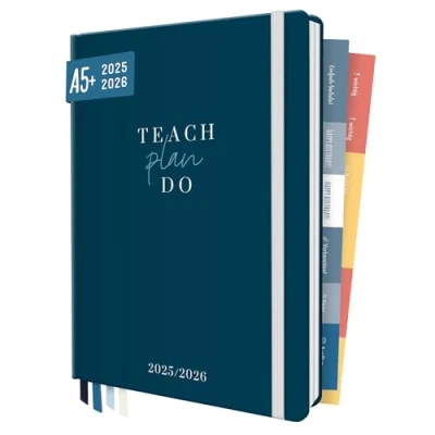 Abbildung von Häfft® Lehrer Planer 2025/2026 A5 + &quot;Blue&quot; Hardcover Lehrerkalender/Schuljahresplaner mit 236 Seiten, Stickern und mehr nachhaltig &amp; klimafreundlich