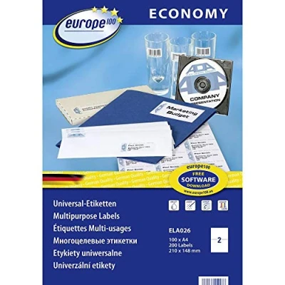 Abbildung von Europe100 Art. ELA026 Universal Etiketten (200 Klebeetiketten, 210x148,5mm auf A4, Papier matt, individuell bedruckbar, selbstklebende Versandaufkleber, kompatibel zu AVERY 3655) 100 Blatt, weiß